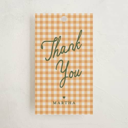 This is a moss baby shower favor tags with standard by Kelly Watkins called farmers market printing on signature in tag