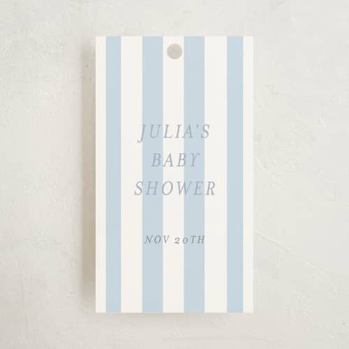 This is a periwinkle baby shower favor tags with standard by Angela Thompson called sail boats baby printing on signature in tag