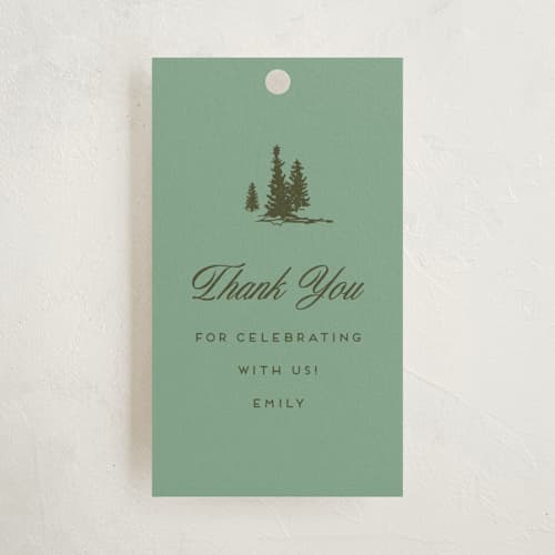 This is a pine baby shower favor tags with standard by Jen Ramsey called winter cabin printing on signature in tag