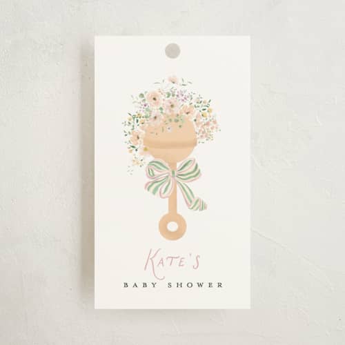 This is a blush baby shower favor tags with standard by Itsy Belle Studio called floral rattle printing on signature in tag