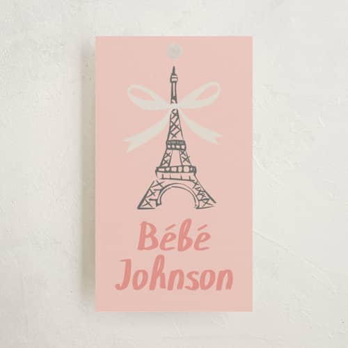 This is a petal baby shower favor tags with standard by Karidy Walker called paris postcard printing on signature in tag