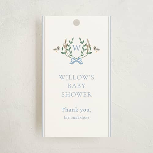 This is a powder baby shower favor tags with standard by Rebecca Marchese called southern mallard duck printing on signature in tag