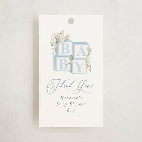 This is a baby blue baby shower favor tags with standard by Itsy Belle Studio called botanical blocks printing on signature in tag