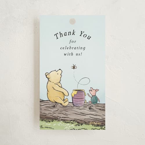 This is a sky baby shower favor tags with standard by Becky Nimoy called disney's winnie the pooh in the wood printing on signature in tag