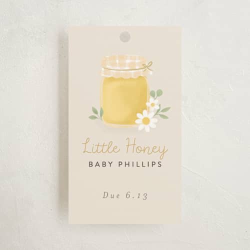 This is a greige baby shower favor tags with standard by Itsy Belle Studio called little honey printing on signature in tag