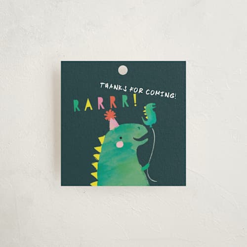 This is a teal kids gift tags with standard by Lori Wemple called dinosaur balloon printing on signature in tag