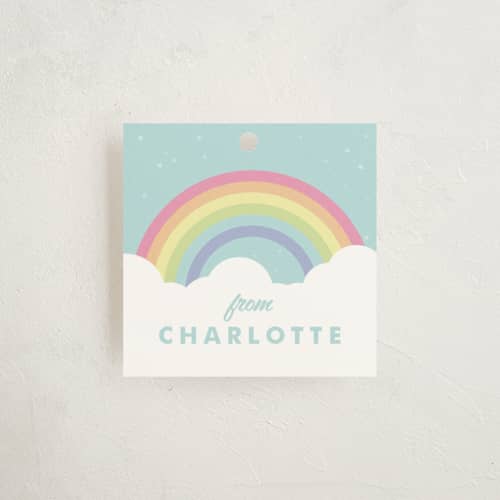 This is a mint kids gift tags with standard by Maria Alou called pastel rainbow sparkles printing on signature in tag