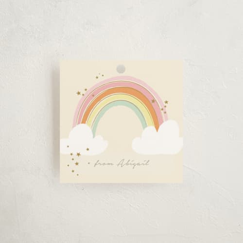 This is a sand kids gift tags with standard by Kiersten Garner called rainbow birthday printing on signature in tag