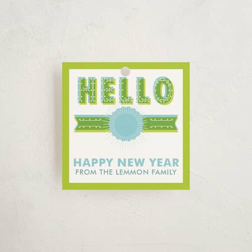 This is a limeade gift tags with standard by Susie Allen called big hello printing on signature in tag