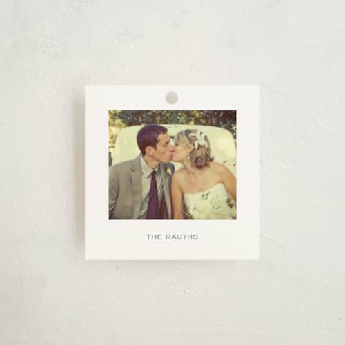 This is a steel blue gift tags with standard by Sara Hicks Malone called mini photo printing on signature in tag