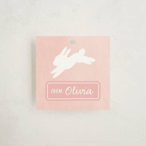 This is a salmon gift tags with standard by Hooray Creative called running bunnies printing on signature in tag