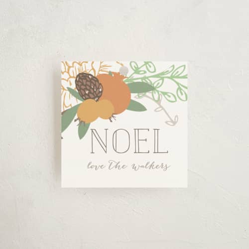 This is a persimmon gift tags with standard by Grace Kreinbrink called rustic garden noel printing on signature in tag