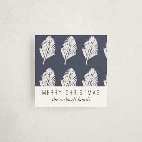 This is a navy gift tags with standard by Beth Schneider called navy pine printing on signature in tag