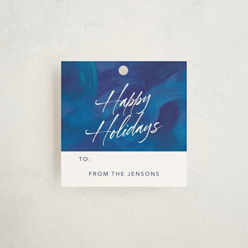 This is a blueberry gift tags with standard by Noonday Design called blue painted brushstrokes printing on signature in tag