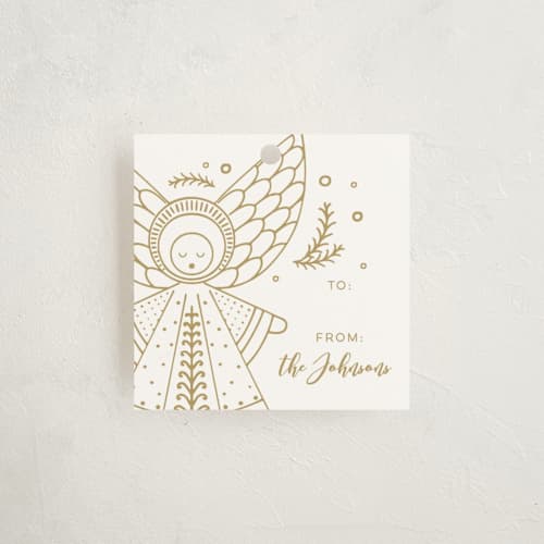 This is a golden gift tags with standard by Dawn Jasper called country nativity printing on signature in tag