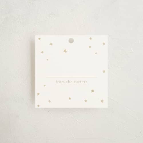 This is a gold gift tags with standard by Lori Wemple called starry celebration printing on signature in tag
