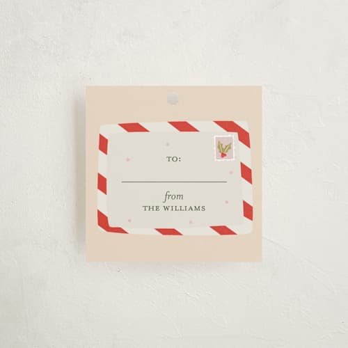 This is a peach gift tags with standard by Vera Lim called holiday mood printing on signature in tag