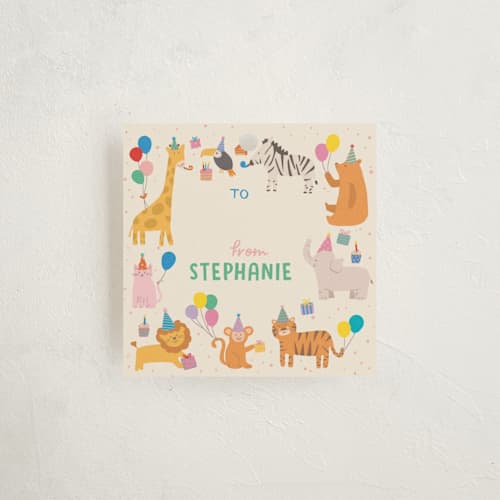 This is a brights gift tags with standard by Creo Study called its party time printing on signature in tag