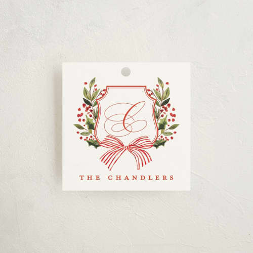 This is a holly berry gift tags with standard by Brooke Chandler called classic merry crest printing on signature in tag