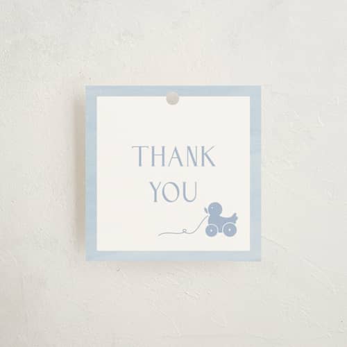 This is a sky baby shower favor tags with standard by Melinda Denison called simply classic printing on signature in tag