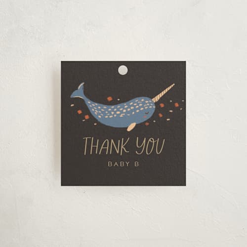 This is a midnight berry baby shower favor tags with standard by Vera Lim called under the sea printing on signature in tag