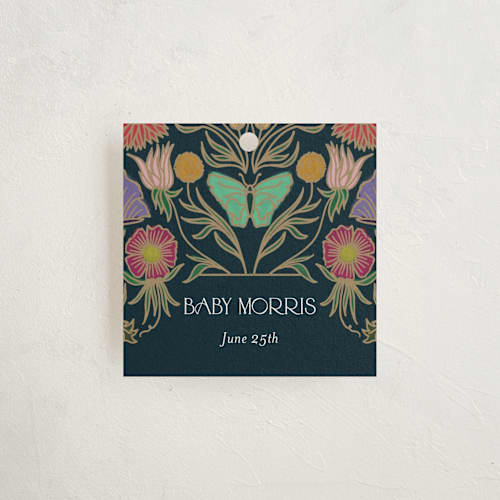 This is a midnight garden baby shower favor tags with standard by Simona Camp called gilded tapestry printing on signature in tag