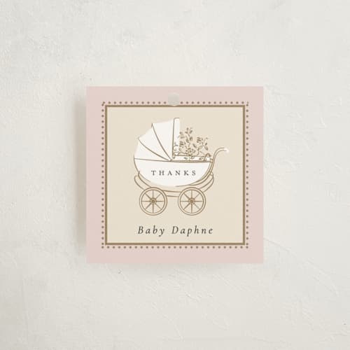 This is a antique blush baby shower favor tags with standard by Ana de Sousa called petal & pram printing on signature in tag