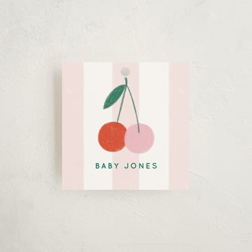 This is a petal baby shower favor tags with standard by Kiersten Garner called tiny cherry on top printing on signature in tag