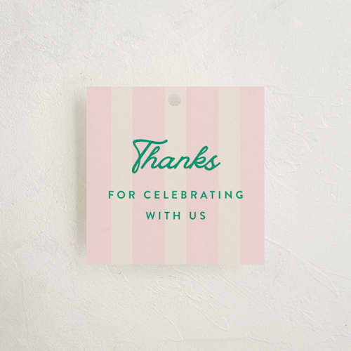 This is a peony baby shower favor tags with standard by Olivia Raufman called preppy confetti printing on signature in tag