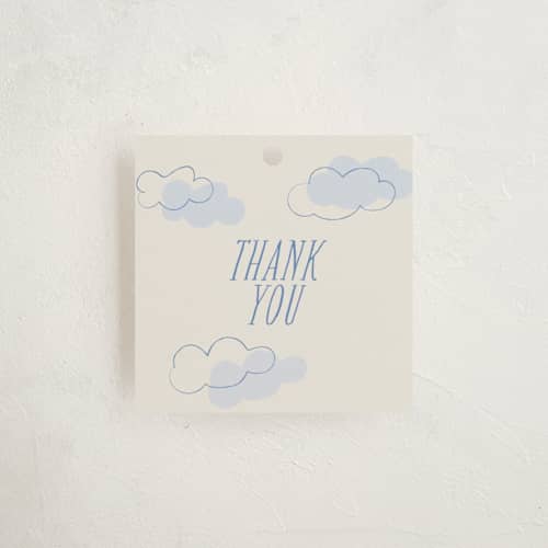 This is a sky baby shower favor tags with standard by Vera Lim called fly with me printing on signature in tag