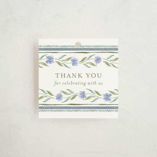 This is a cotswolds baby shower favor tags with standard by Jackie Crawford called wildflower ribbon printing on signature in tag