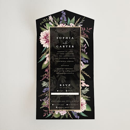 This is a midnight all in one wedding invitations with foil pressed by Susan Moyal called bold bouquet printing on value cover in all-in-one