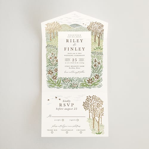 This is a forest all in one wedding invitations with foil pressed by Paper Sun Studio called in the country printing on value cover in all-in-one