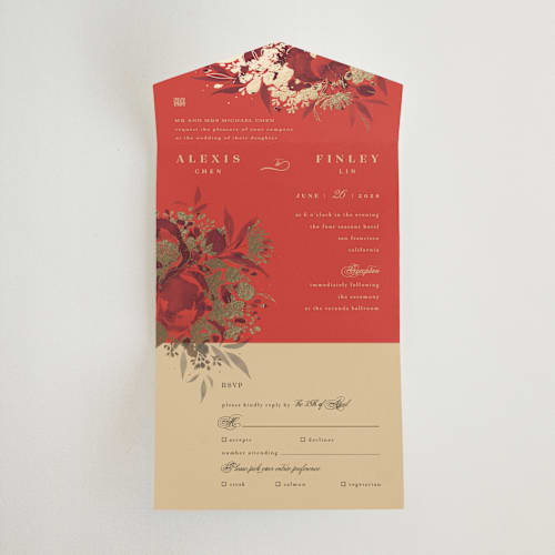 This is a cherry all in one wedding invitations with foil pressed by Shannon Chen of Four Wet Feet Studio called happiness printing on value cover in all-in-one