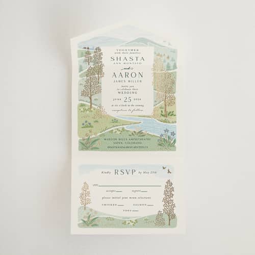 This is a evergreen all in one wedding invitations with foil pressed by Paper Sun Studio called mountaintop printing on value cover in all-in-one