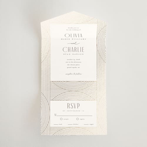 This is a alabaster all in one wedding invitations with foil pressed by Pixel and Hank called moderne printing on value cover in all-in-one