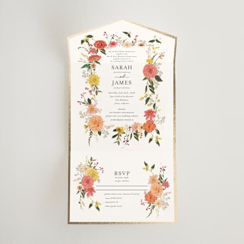 This is a burgundy all in one wedding invitations with foil pressed by Susan Moyal called enchanting printing on value cover in all-in-one