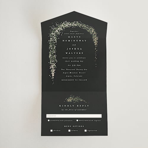 This is a tuxedo all in one wedding invitations with foil pressed by Leah Bisch called winter garland printing on value cover in all-in-one