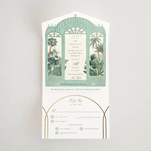 This is a seagreen all in one wedding invitations with foil pressed by Elly called the greenhouse printing on value cover in all-in-one