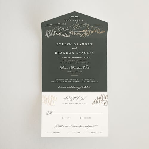 This is a hunter all in one wedding invitations with foil pressed by Sarah Brown called peaks printing on value cover in all-in-one