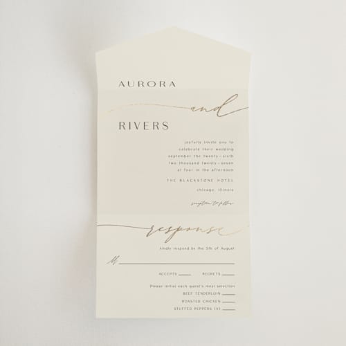 This is a smoke all in one wedding invitations with foil pressed by Olivia Raufman called gathering printing on value cover in all-in-one