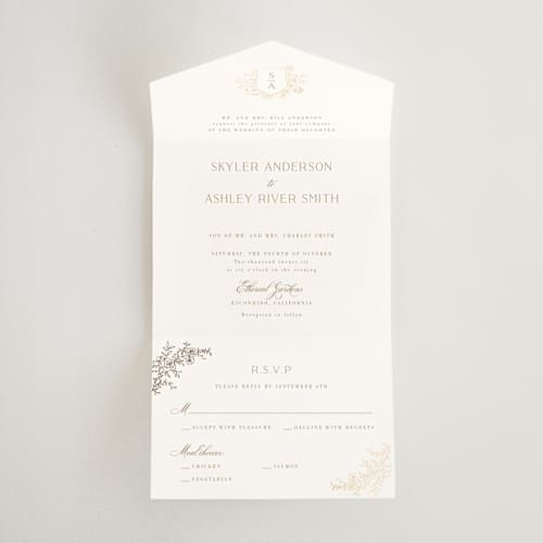 This is a champagne all in one wedding invitations with foil pressed by Cass Loh called floral crest printing on value cover in all-in-one