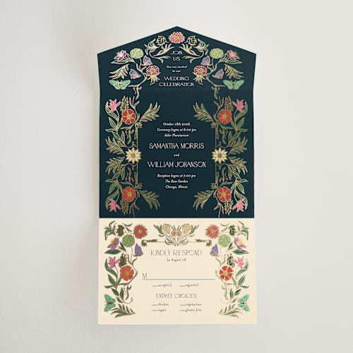 This is a midnight garden all in one wedding invitations with foil pressed by Simona Camp called gilded tapestry printing on value cover in all-in-one