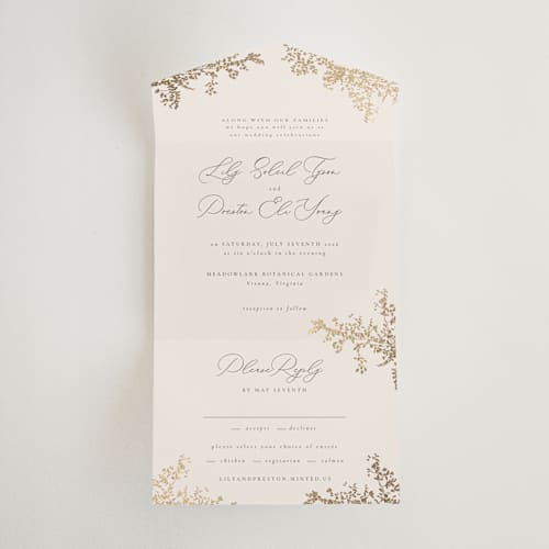 This is a luxe neutral all in one wedding invitations with foil pressed by Design Lotus called forever and a day printing on value cover in all-in-one