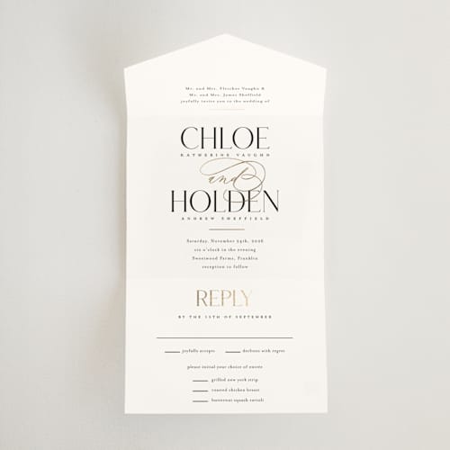 This is a sugar all in one wedding invitations with foil pressed by Jessica Williams called idyllic printing on value cover in all-in-one