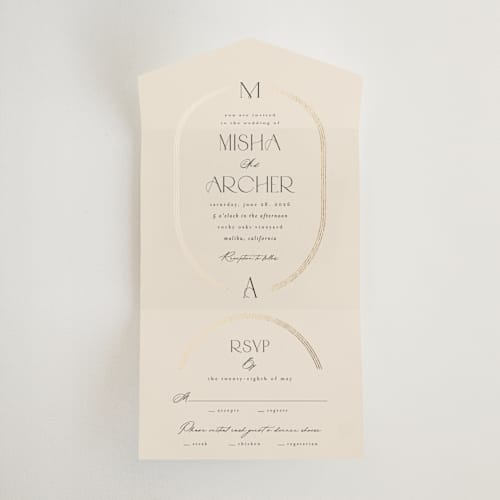 This is a latte all in one wedding invitations with foil pressed by Kristie Kern called misha printing on value cover in all-in-one