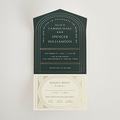 This is a fir all in one wedding invitations with foil pressed by Kindred Fields called deco arch printing on value cover in all-in-one