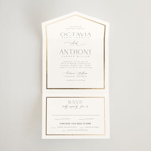 This is a porcelain all in one wedding invitations with foil pressed by Nicole Walsh called regal printing on value cover in all-in-one