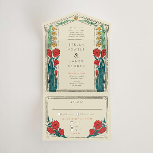 This is a birch all in one wedding invitations with foil pressed by Shiny Penny Studio called deco spring florals printing on value cover in all-in-one