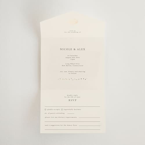 This is a sand all in one wedding invitations with foil pressed by Hannah Bowman called simple seashell printing on value cover in all-in-one